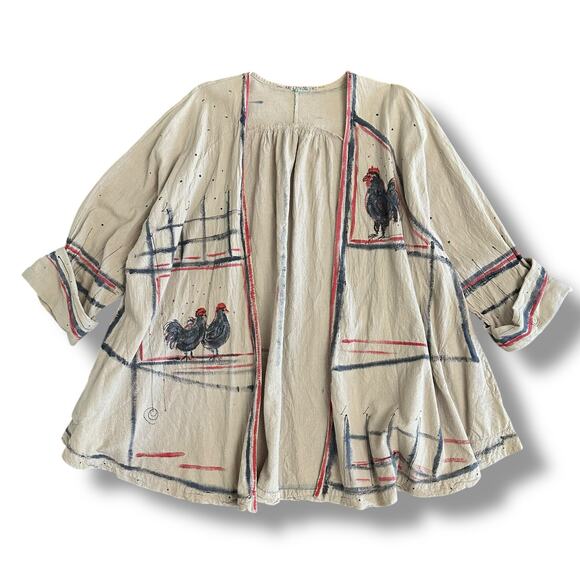 Handmade Kay Campbell Art-to-Wear Linen Jacket OOAK Rooster Size Free/L Fit - Picture 1 of 8